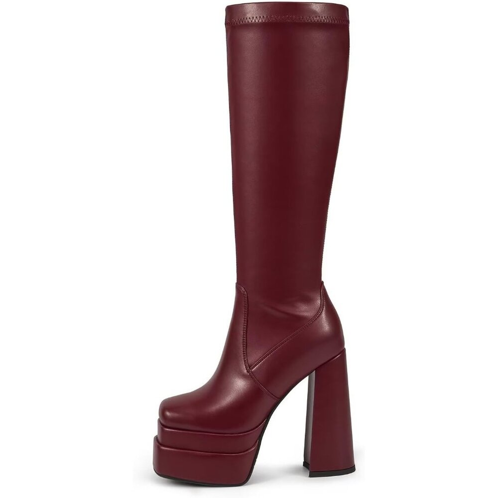 Matte Burgundy Platform Knee High Boots for Women, Chunky Heel, Zipper, Cosplay - Picture 2 of 7